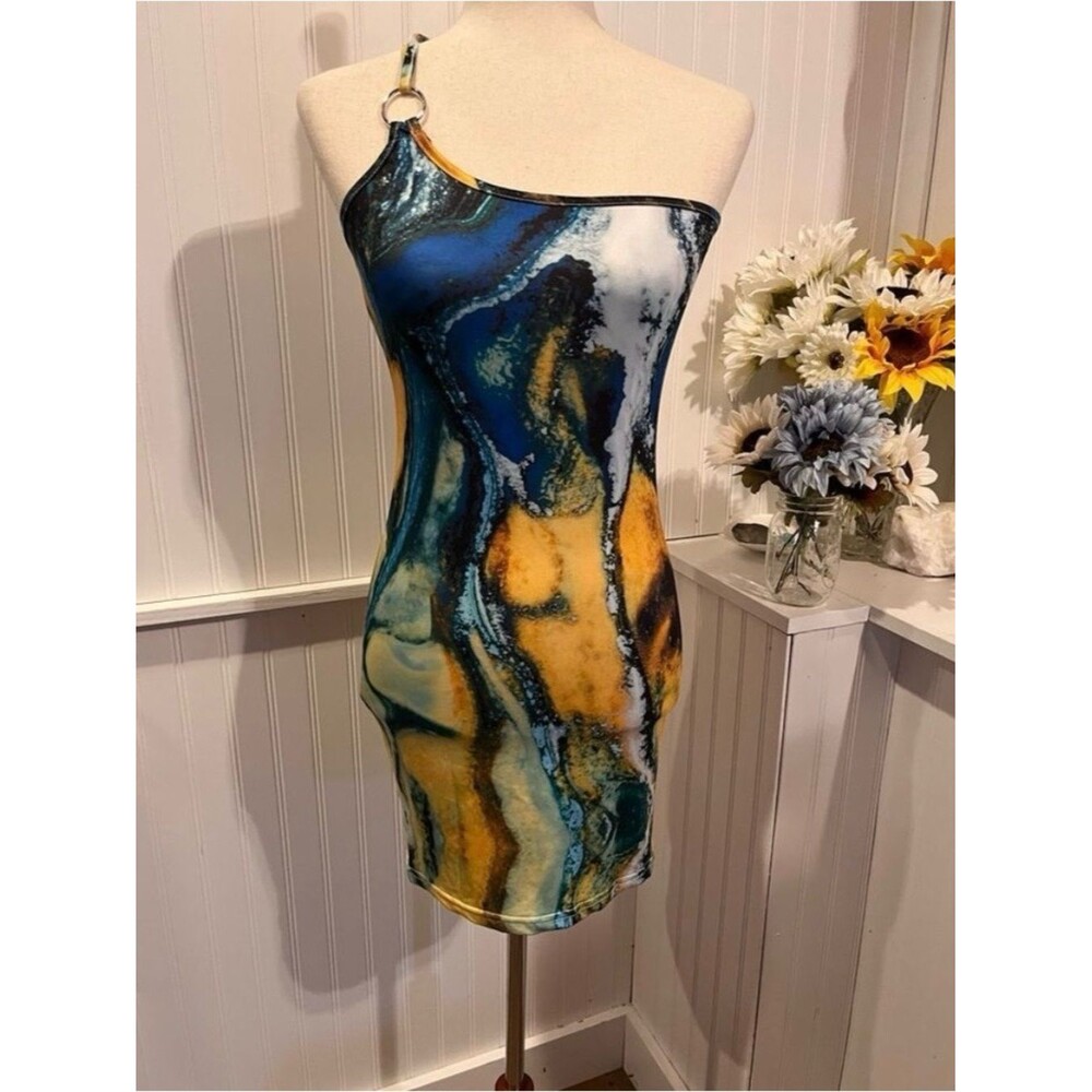 Blue Abstract One-Shoulder Ring Mini Dress